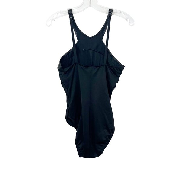 Magicsuit Black Faux Leather Trim Ruched Halter One Piece Swimsuit - Size US 8 - Picture 2 of 6